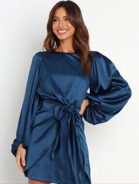 Petal & Pup Opal Tie Waist Long Sleeve Satin Minidress